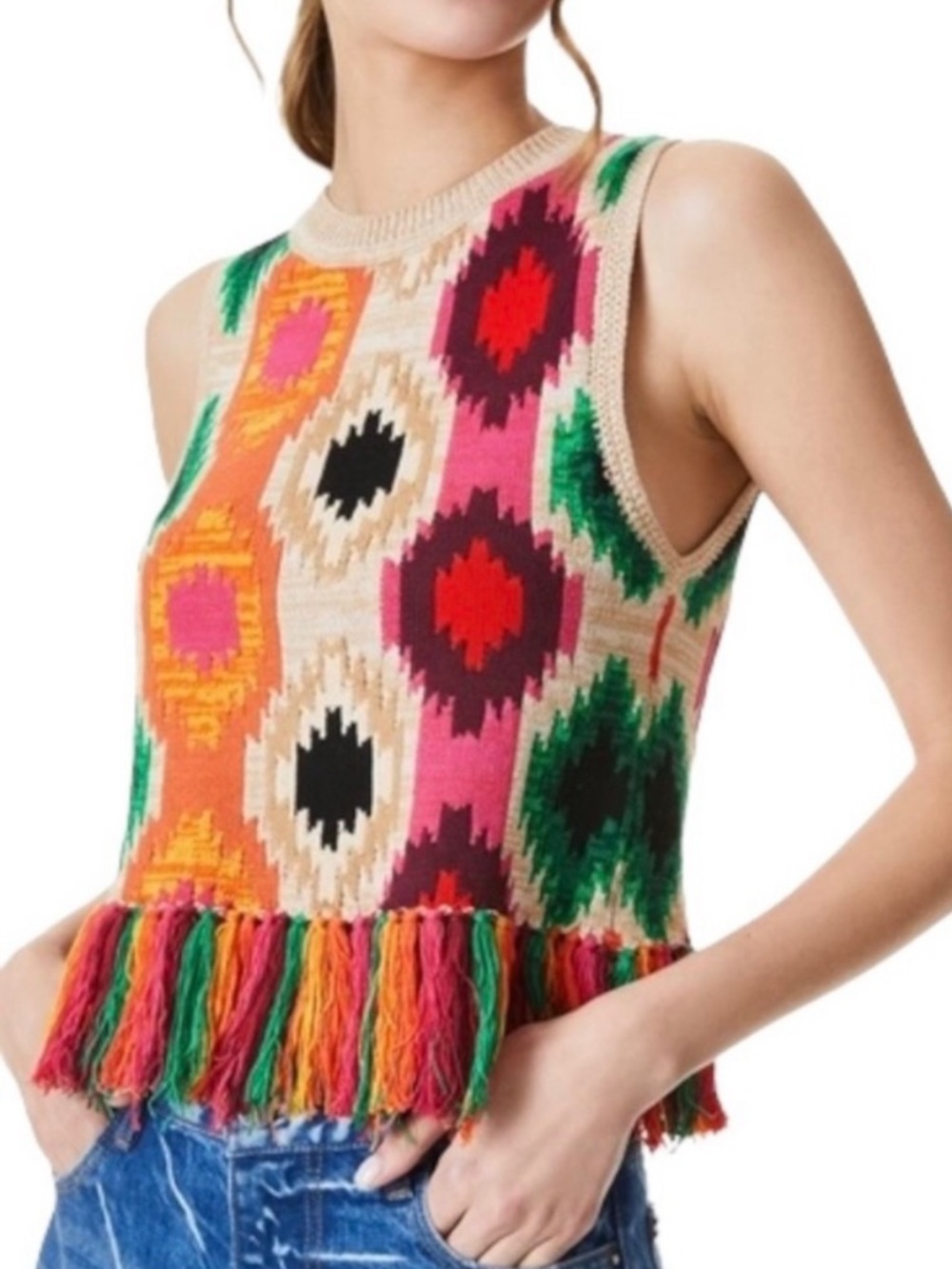 Alice + Olivia Geometric Cropped Sweater Vest with Fringe Size L NWOT